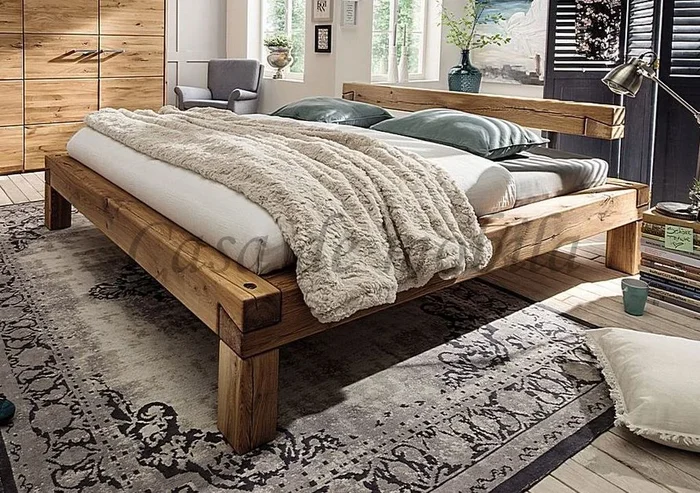 Balkenbett mit Wuchsrissen 200x200x50cm Wildeiche massiv geölt WOODSTOCK