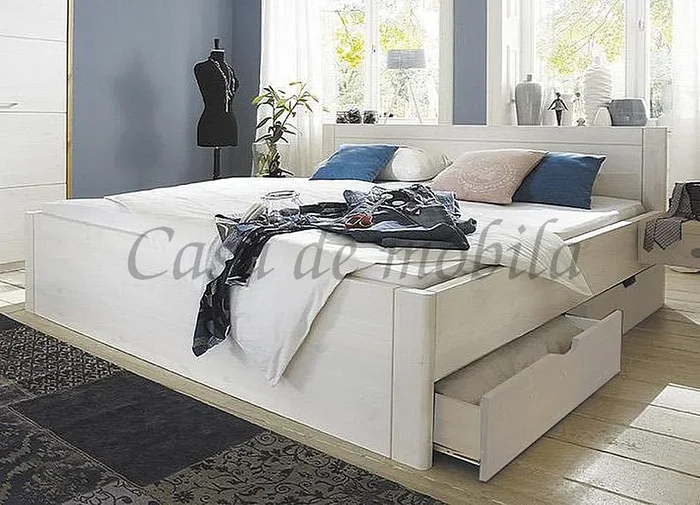 Bett mit Schubladen 180x200x45cm RAUNA Kiefer massiv weiß lasiert