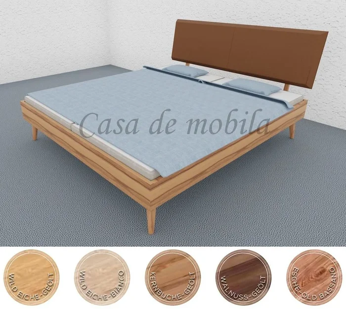 Doppelbett 140/160/180/200×200 Kernbuche Wildeiche Nussbaum Esche massiv mit Kopfteil mit Leder