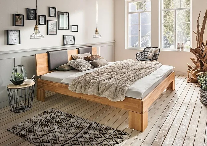 Doppelbett 180x200x45cm ZENNA Kopfteil geschlossen Kernbuche massiv natur geölt