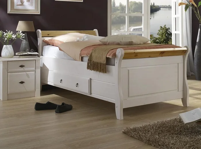 Einzelbett mit Schublade Eva 90x200cm Kiefer massiv weiß gelaugt geölt