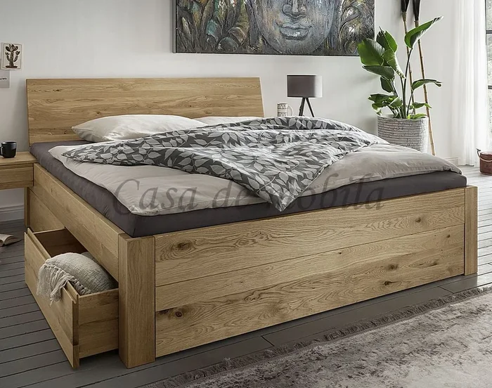 Massivholz Schubladenbett CLEVELAND 90x200x55cm Wildeiche natur geölt stabverleimt Kopfteil 1teilig