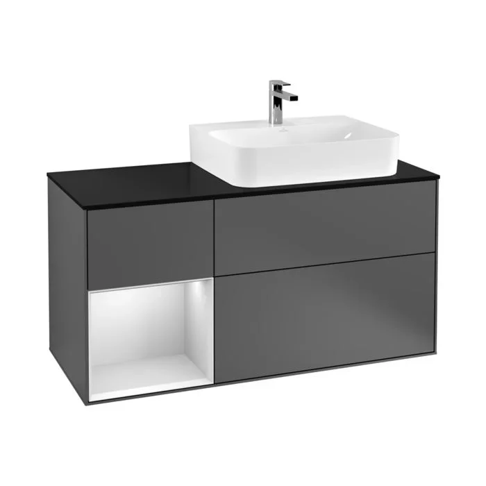 Villeroy und Boch Finion Waschtischunterschrank F142MTGK 120cm, Abdeckplatte Glass Black Matt, Regal links White matt lacquer, Anthracite matt