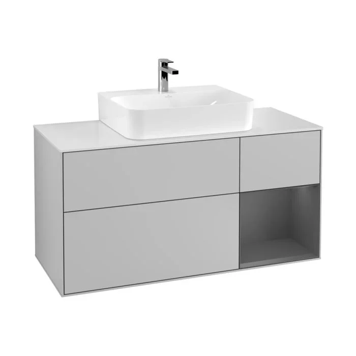 Villeroy und Boch Finion Waschtischunterschrank F171GKGJ 120cm, Abdeckplatte white matt, Regal rechts Anthracite matt, Light grey matt