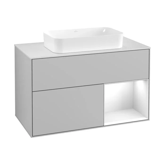 Villeroy und Boch Finion Waschtischunterschrank F251GFGJ 100×60,3cm, Abdeckplatte white matt, Regal rechts Glossy white lacquer, Light grey matt