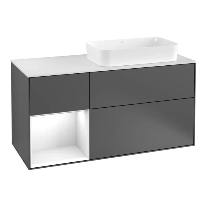 Villeroy und Boch Finion Waschtischunterschrank F271GFGK 120cm, Abdeckplatte white matt, Regal links Glossy white lacquer, Anthracite matt