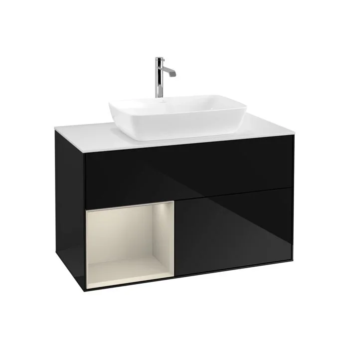 Villeroy und Boch Finion Waschtischunterschrank F771HHPH 100cm, Abdeckplatte white matt, Regale sand matt lacquer, Glossy Black Lacquer