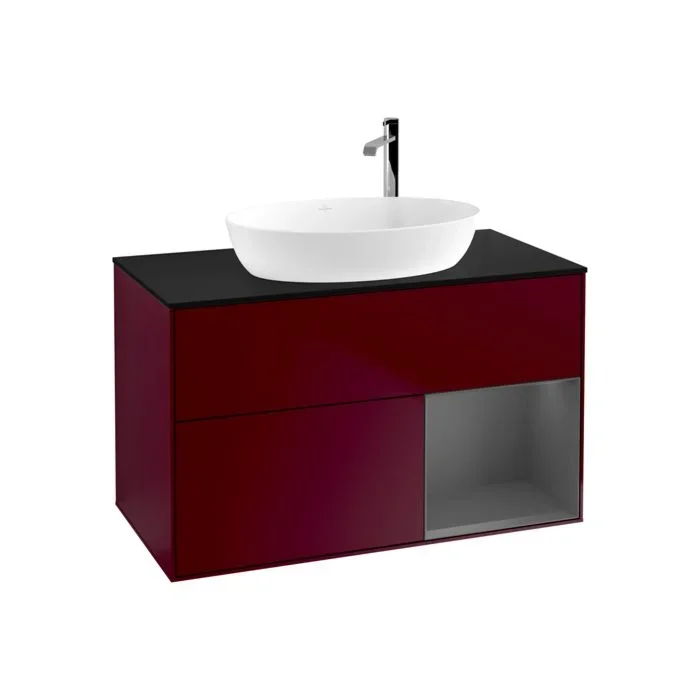 Villeroy und Boch Finion Waschtischunterschrank F902GKHB 100cm, Abdeckplatte black matt, Regale Anthracite matt lacquer, Peony Matt