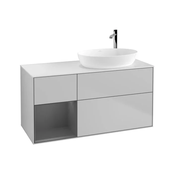 Villeroy und Boch Finion Waschtischunterschrank F921GKGJ 120cm, Abdeckplatte white matt, Regale Anthracite matt lacquer, Light grey matt