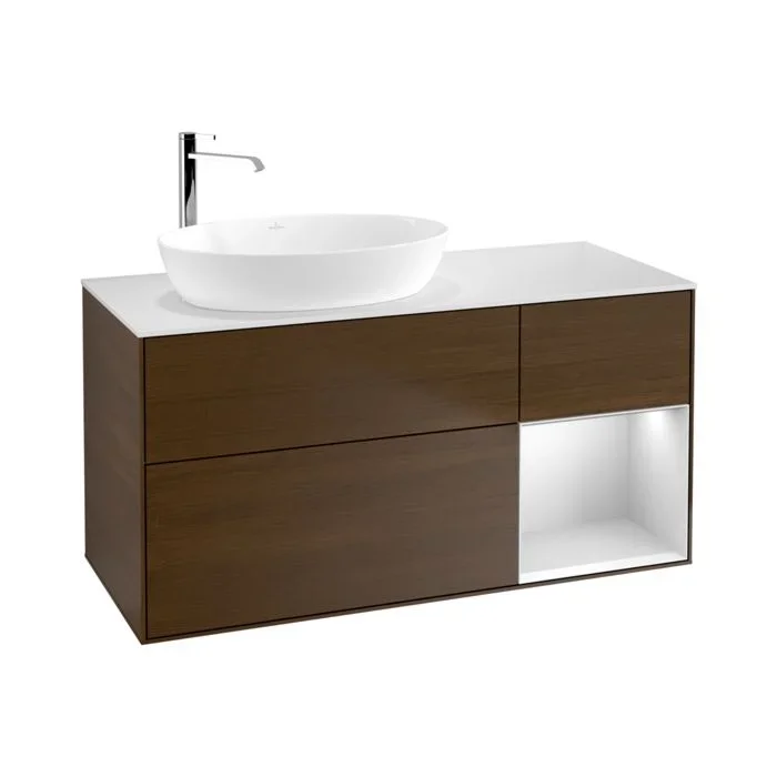 Villeroy und Boch Finion Waschtischunterschrank F931MTGN 120cm, Abdeckplatte white matt, Regale White matt lacquer, Walnut veneer