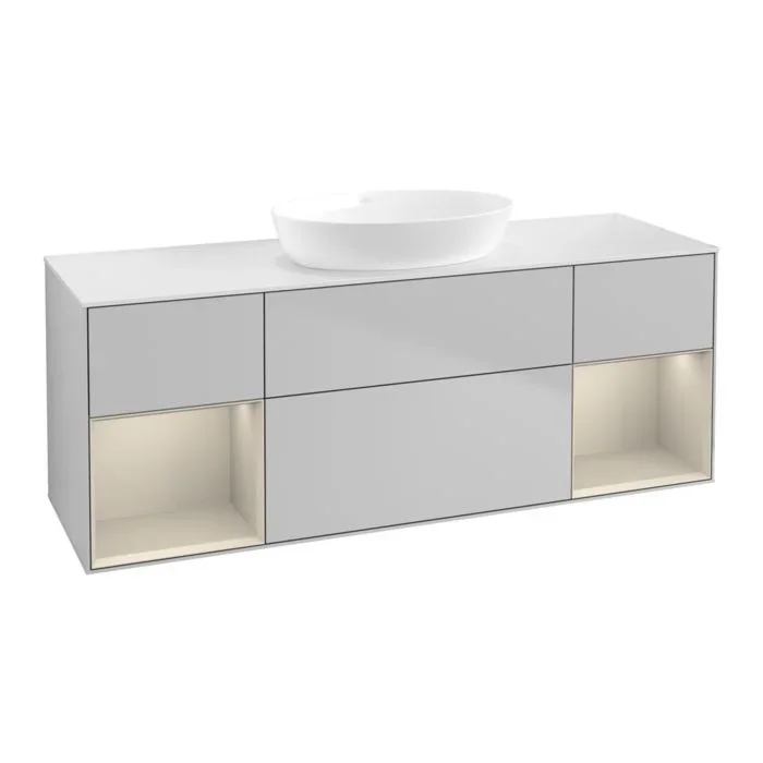 Villeroy und Boch Finion Waschtischunterschrank FD01HHGJ 120cm, Abdeckplatte white matt, Regale sand matt lacquer, Light grey matt